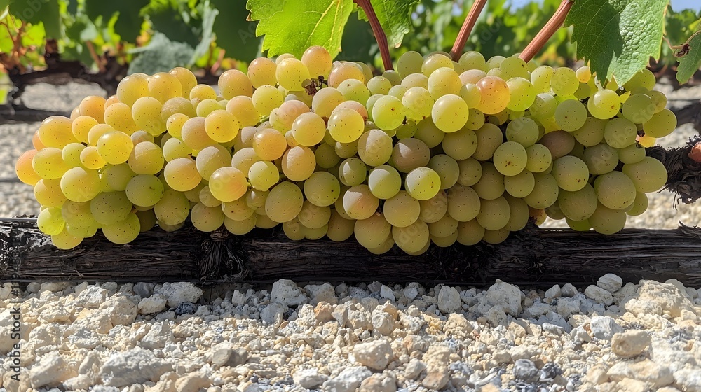 Wall mural close up view of a lush full cluster of ripe juicy grapes hanging on a verdant grapevine in a sunny 