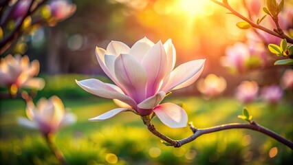 Softly glowing magnolia flower in a gentle evening light, garden, blossoms,  garden, blossoms, bloomingflowers, stem