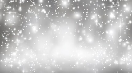 Winter background with the image of falling snow, stars and bokeh lights, white and gray colors, shiny glittery texture, blurred background