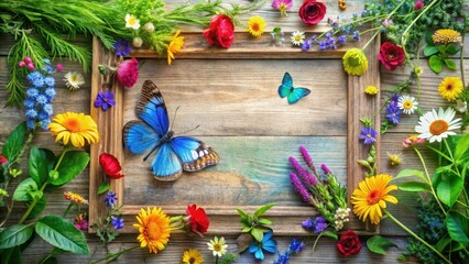 Fototapeta premium Rustic Wooden Frame Adorned with Vibrant Blossoms and Graceful Butterflies, a Delightful Springtime Tableau