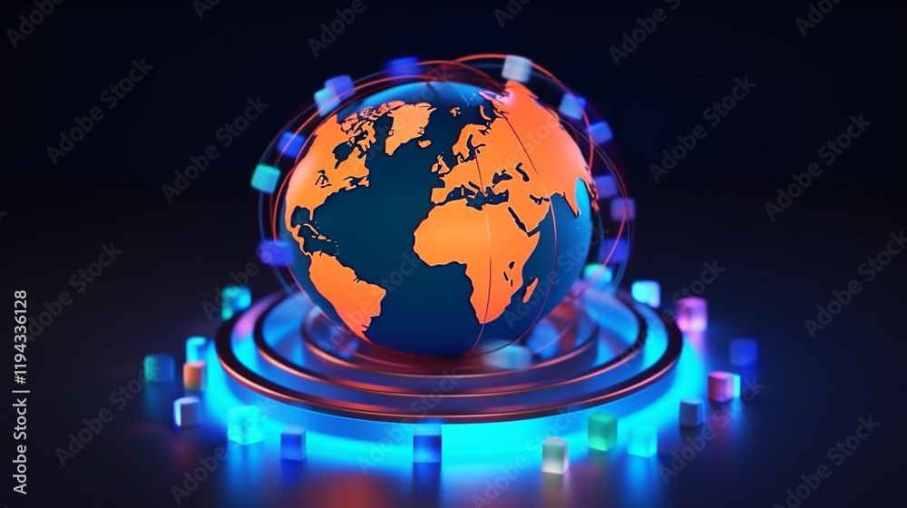 Poster a digital map of the world with glowing lines connecting various points, representing global connect