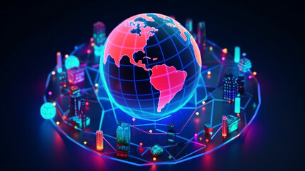 Abstract digital globe with global network connections and images of media content floating around it a business and connectivity technology background 
