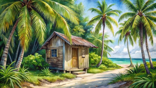 Secluded Tropical Hut Near Ocean Shore, Lush Palm Trees Surround Peaceful Retreat