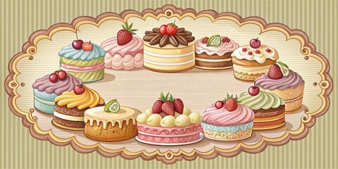 Vintage-style bakery label with colorful illustrations of cakes and pastries