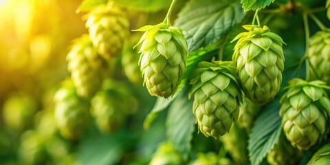 Fototapeta premium Sunlit Green Hops Growing on a Vine in a Lush Field