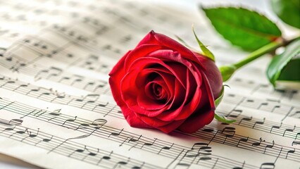 A single red rose sits delicately among musical notes on a white background, with some notes slightly discolored due to age, delicate, composition