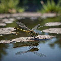 Photograph a dragonfly hovering near a pond.