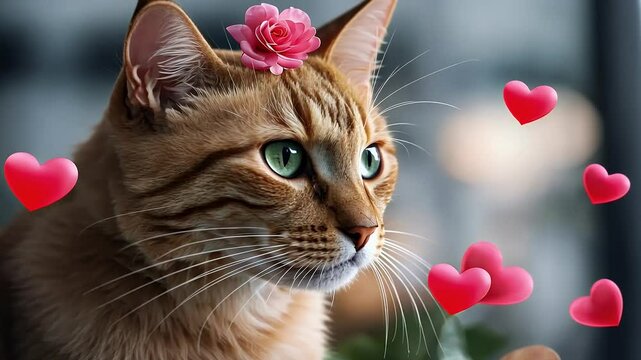 Greeting card design featuring playful cat surrounded by hearts flowers offering whimsical adorable holiday theme