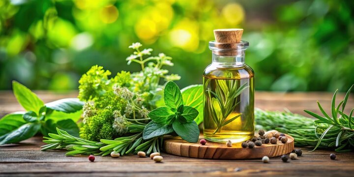 Aromatic oil with lush green herbs , botanicals, health and wellness,  botanicals