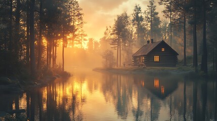 Fototapeta premium A rustic log cabin on the shore of a peaceful forest lake, the still water reflecting the golden sunset and surrounding trees, tranquil and magical ambiance, photorealistic textures,