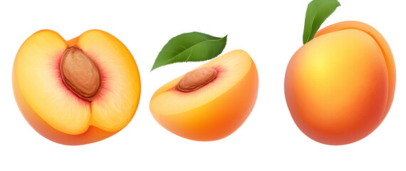 3 peach halves, 1 whole apricot, transparent background, PNG
