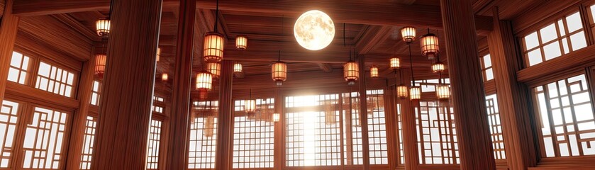 Elegant Interior of a Traditional Wooden Hall with Lanterns and Sunlight Streaming Through Windows