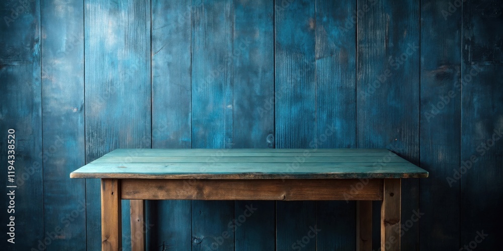 Poster rustic wooden table against a teal painted wood backdrop, ideal for product display or background us