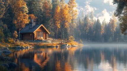 Obraz premium A rustic log cabin standing by a calm forest lake, the mirror-like water reflecting the cabin and trees, soft golden hour light enhancing the natural beauty, serene and picturesque scene,