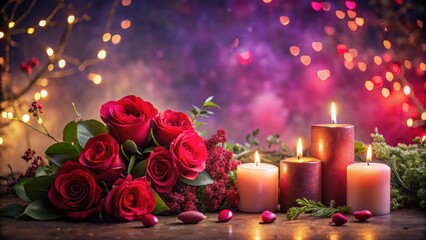 Dark Valentine Day night with red roses and candles lit against a background of soft pink and purple hues, surrounded by lush greenery and ornaments , flower arrangement, romantic ambiance