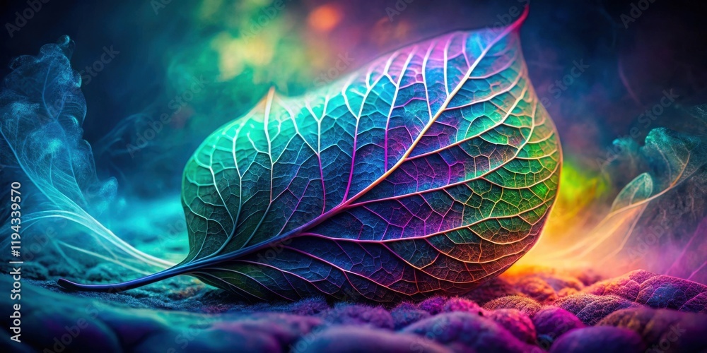 Poster vibrant leaf with iridescent veins rests on colorful textured surface