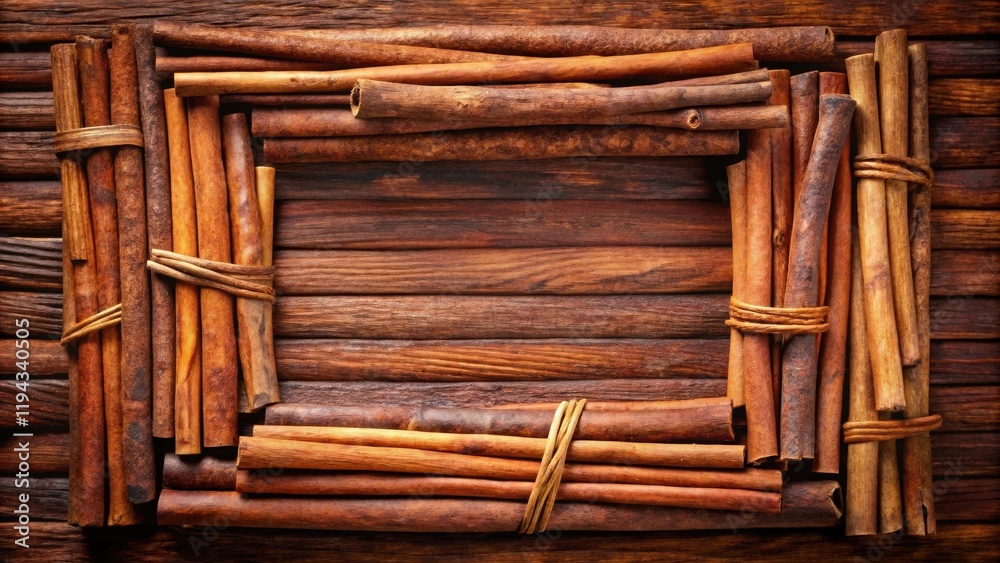 Aufkleber rustic cinnamon sticks frame on dark wooden background