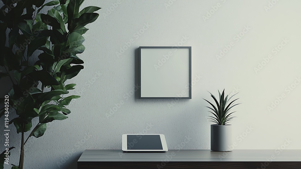 Wall mural A white framed picture sits on a desk next to a tablet and a potted plant