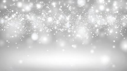 Fototapeta premium Winter background with the image of falling snow, stars and bokeh lights, white and gray colors, shiny glittery texture, blurred background