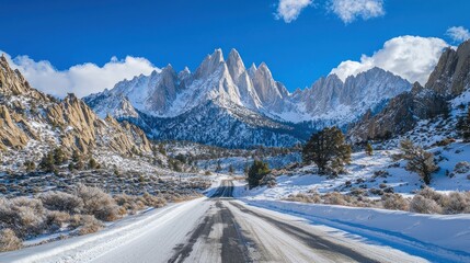 Fototapeta premium Majestic Winter Landscape: Snowy Mountains and Winding Road