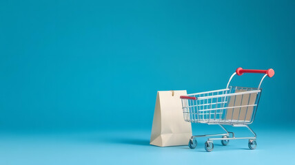 Fototapeta premium Product package boxes and shopping bag in cart with laptop computer which web store shop on screen for online shopping
