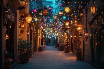 City street with lanterns hanging from ceiling, casting soft light on cobblestones below, creating a cozy and inviting atmosphere for pedestrians.