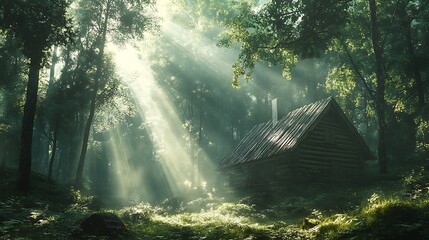 Obraz premium A secluded log cabin nestled in a lush green forest, with soft rays of sunlight streaming through the dense canopy above, creating a peaceful and magical ambiance, hd quality, ultra-detailed textures,
