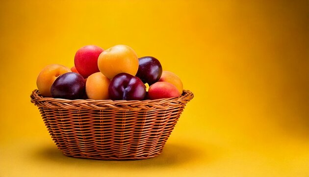 pluot and aprium fruit in basket, yellow isolated background, copy space
