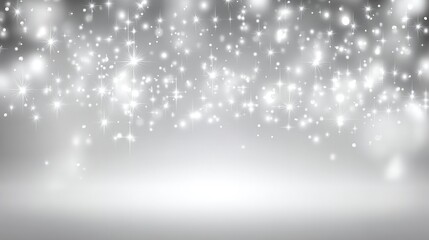 Winter background with the image of falling snow, stars and bokeh lights, white and gray colors, shiny glittery texture, blurred background