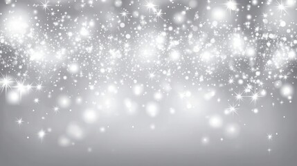 Winter background with the image of falling snow, stars and bokeh lights, white and gray colors, shiny glittery texture, blurred background