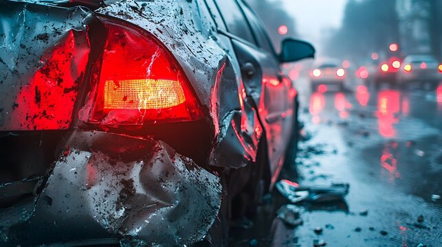 Close up view of a damaged vehicle with its brake lights illuminated in a snowy city street at night  The rear of the car appears to be heavily damaged likely from a recent collision or accident