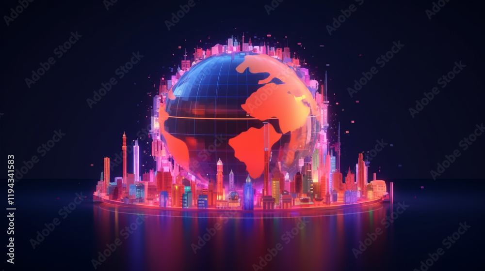 Wall mural global network connection concept continents are subtly highlighted in radiant colors against a deep