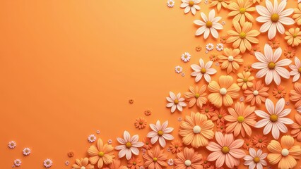 Naklejka premium Vibrant orange backdrop adorned with handcrafted paper quilled daisies, featuring orange and white petals with golden centers, elegantly cascading across the frame