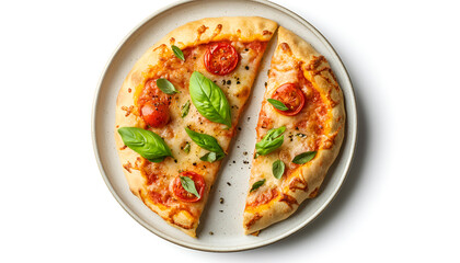 Plate with delicious calzones on white background, top view