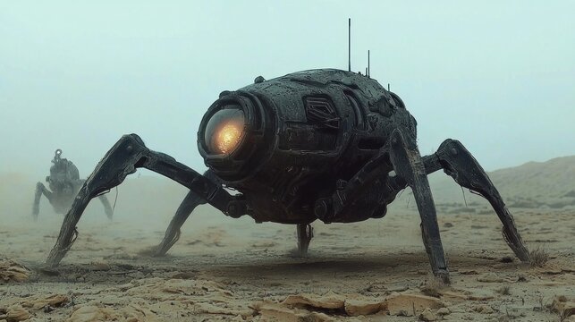 Futuristic Spider-like Robot in Desolate Landscape