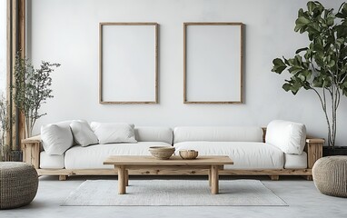Minimalist living room, wooden sofa, plants, empty frames, calm interior design, home decor