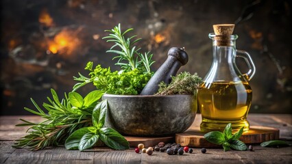 A bottle of olive oil poured over a selection of fragrant herbs in a rustic stone mortar and pestle , cooking, pestle,  cooking