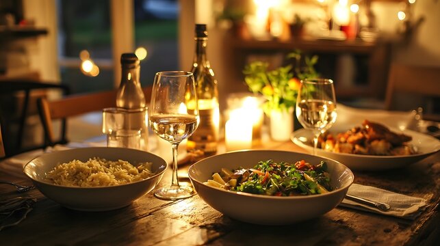 Intimate and cozy dinner setting with an array of comforting dishes warm lighting and elegant tableware creating a welcoming and relaxing atmosphere for a meal at home or in a restaurant