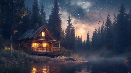 Fototapeta premium A small log cabin with a wooden porch, surrounded by dense forest, illuminated by the soft glow of a starlit sky, warm light spilling from the cabin windows, tranquil and magical atmosphere,