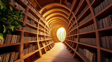Obraz premium Cozy and Inviting Wooden Bookshelf Corridor with Natural Light