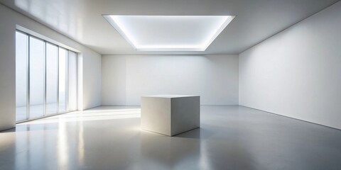 Minimalist interior design bright, spacious room with a single cube