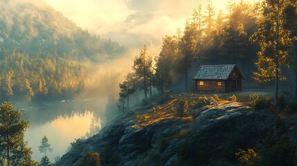 A small rustic cabin perched on a forested hill, overlooking a serene valley shrouded in morning mist, soft golden sunlight piercing through the trees, creating a peaceful and enchanting atmosphere,