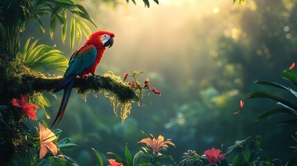 A lush rainforest scene with mist rising and vibrant birdlife