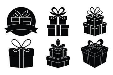 Set of minimalistic black silhouettes gift box icons with ribbons, Vector elements, Christmas gift icon illustration symbol