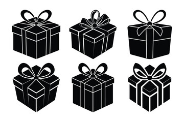 Set of minimalistic black silhouettes gift box icons with ribbons, Vector elements, Christmas gift icon illustration symbol