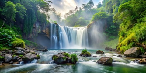 Waterfall cascading down rocky cliffside into foamy white river, surrounded by lush greenery and misty atmosphere, capturing serene natural beauty , water movement, nature