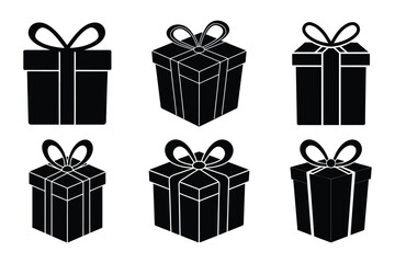 Set of minimalistic black silhouettes gift box icons with ribbons, Vector elements, Christmas gift icon illustration symbol
