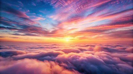 Obraz premium tuxedo pink sunrise over vast cloudy horizon with soft fluffy clouds and gentle misty fog rolling in , cloudy sky, serene scene