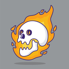 illustration cute cartoon skull with fire