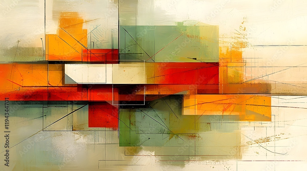 Poster vibrant abstract geometric shapes and intersecting lines interwoven to create a dynamic modern and v